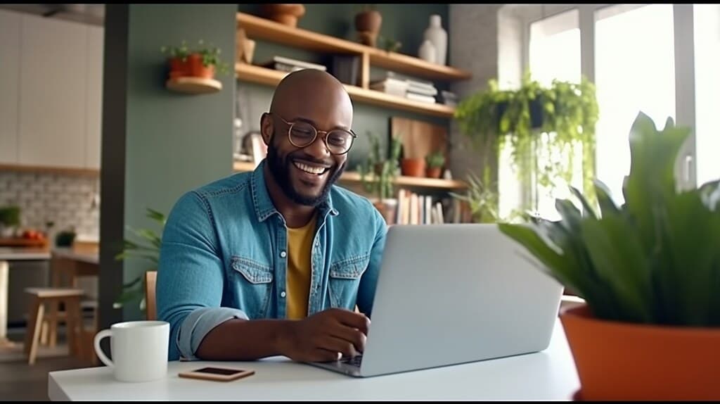 A smiling man in glasses and a denim shirt on a video call at his laptop at home